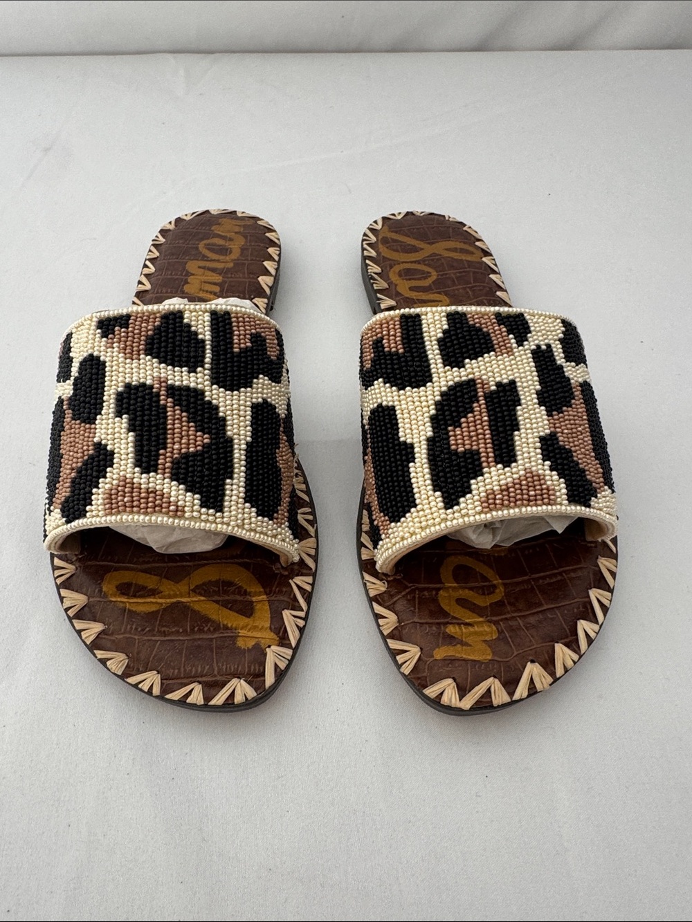 Sam Edelman Gunner Leopard Beaded Slide Sandals in Brown/Black/Cream Size 6.5